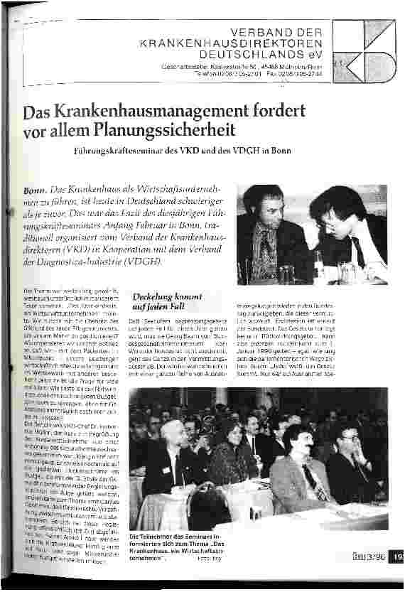 Vorschauseite 1: Das Krankenhausmanagement fordert vor allem Planungssicherheit Führungskräfteseminar des VKD und des VDGH in Bonn