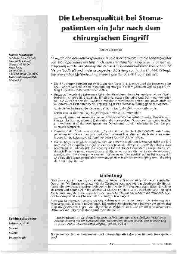 Vorschauseite 1: Die Lebensqualität bei Stomapatienten ein Jahr nach demchirurgischen Eingriff