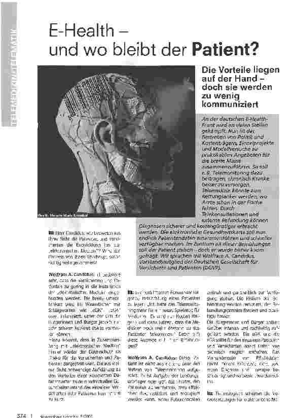 Vorschauseite 1: E-Health - und wo bleibt der Patient? Die Vorteile liegen auf der Hand -doch sie werden zu wenig kommuniziert