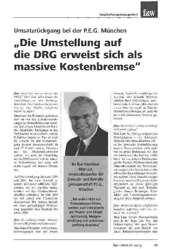 Vorschauseite 1: Umsatzrückgang bei der RE. G. MünchenDie Umstellung auf die DRG erweist sich als massive Kosten bremse