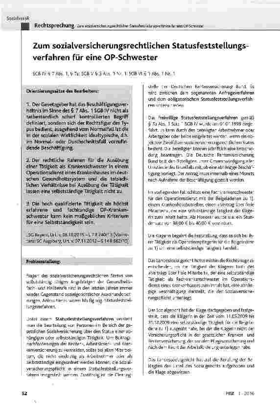 Vorschauseite 1: Zum sozialversicherungsrechtlichen Statusfeststellungsverfahren für eine OP-Schwester