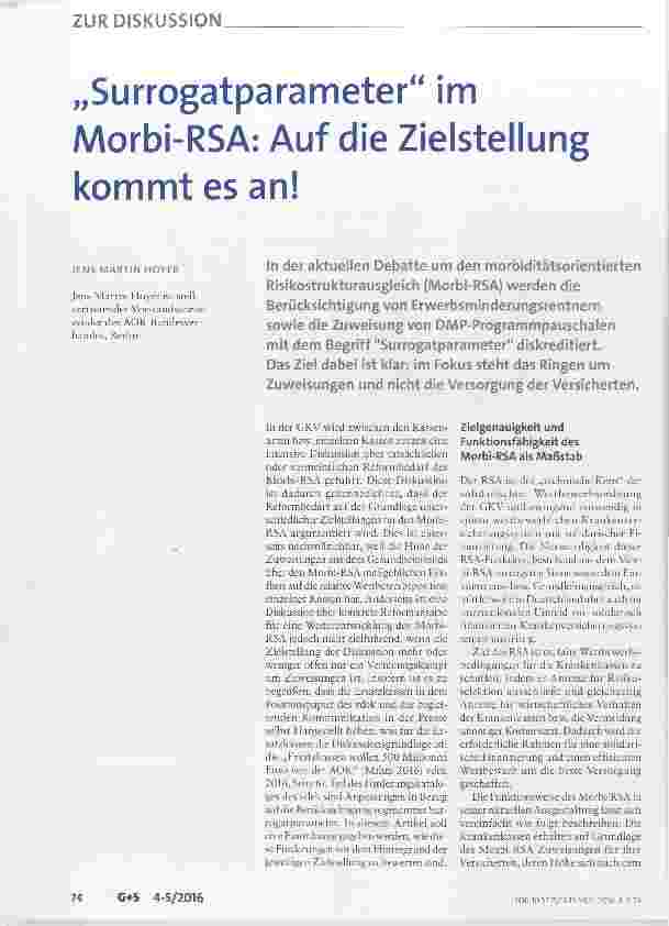 Vorschauseite 1: ZUR DISKUSSION „Surrogatparameter im Morbi-RSA: Auf die Zielstellung kommt es an!