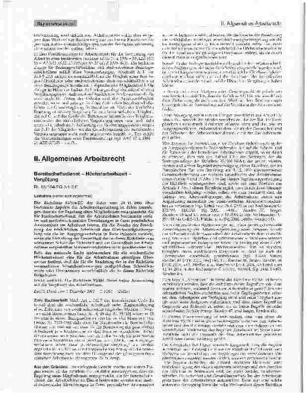 Vorschauseite 1: II. Allgemeines Arbeitsrecht Bereitschaftsdienst - Höchstarbeitszeit -Vergütung