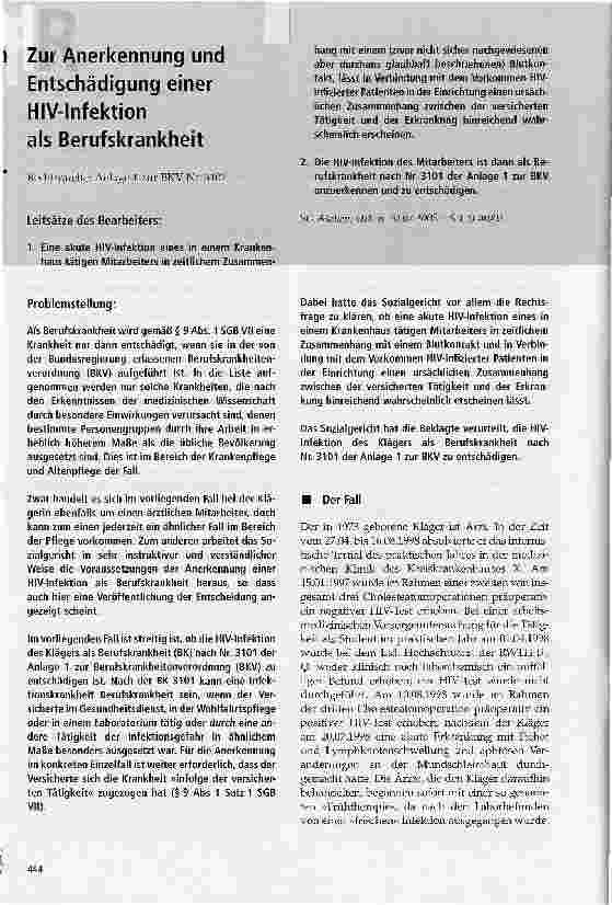 Vorschauseite 1: Zur Anerkennung und Entschädigung einer HIV-Infektion als Berufskrankheit