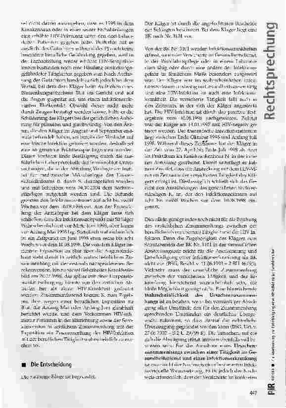 Vorschauseite 4: Zur Anerkennung und Entschädigung einer HIV-Infektion als Berufskrankheit