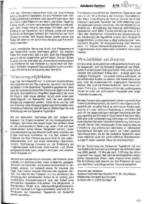 Vorschauseite 5: Operative Tagesklinik im Städtischen Krankenhaus Solingen Ein Erfahrungsbericht