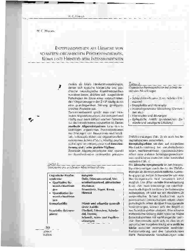 Vorschauseite 1: ENZEPHALOPATHIEN ALS URSACHE VONSCHWEREN ORGANISCHEN PSYCHOSYNDROMEN, KOMA UND HIRNTOD BEIM INTENSIVPATIENTEN