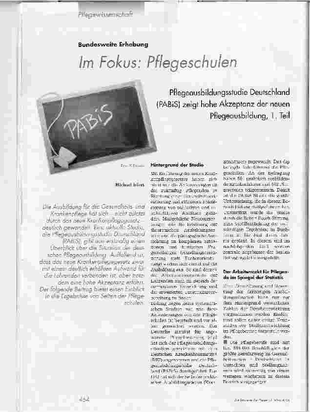 Vorschauseite 1: Im Fokus: PflegeschulenPflegeausbildungsstudie Deutschland (PABiS) zeigt hohe Akzeptanz der neuen Pflegeausbildung, 1. Teil