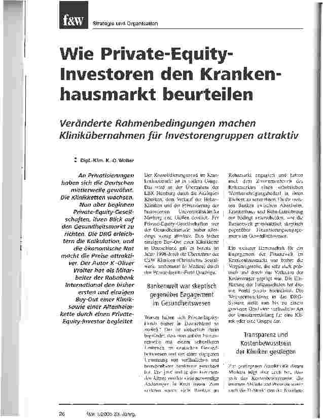 Vorschauseite 1: Wie Private-Equity-Investoren den Krankenhausmarkt beurteilenVeränderte Rahmenbedingungen machen Klinikübernahmen für Investorengruppen attraktiv