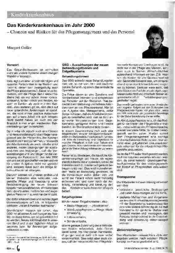 Vorschauseite 1: Das Kinderkrankenhaus im Jahr 2000 - Chancen und Risiken für das Pflegemanagement und das Personal