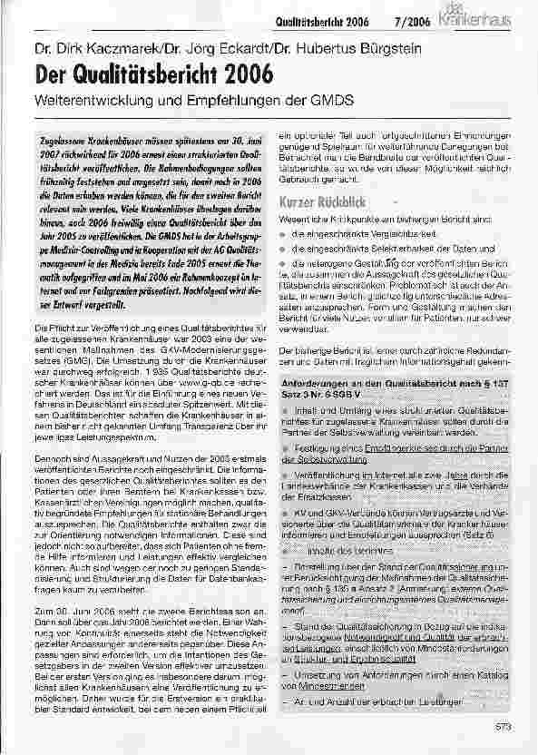 Vorschauseite 1: Der Qualitätsbericht 2006 - Weiterentwicklung und Empfehlungen der GMDS