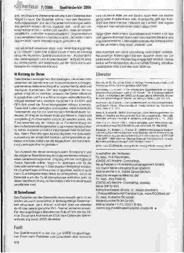 Vorschauseite 6: Der Qualitätsbericht 2006 - Weiterentwicklung und Empfehlungen der GMDS