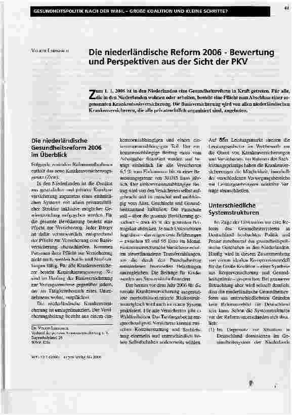 Vorschauseite 1: Die niederländische Reform 2006 - Bewertung und Perspektiven aus der Sicht der PKV