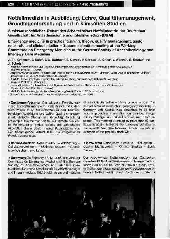 Vorschauseite 1: Notfallmedizin in Ausbildung, Lehre, Qualitätsmanagement, Grundlagenforschung und in klinischen Studien