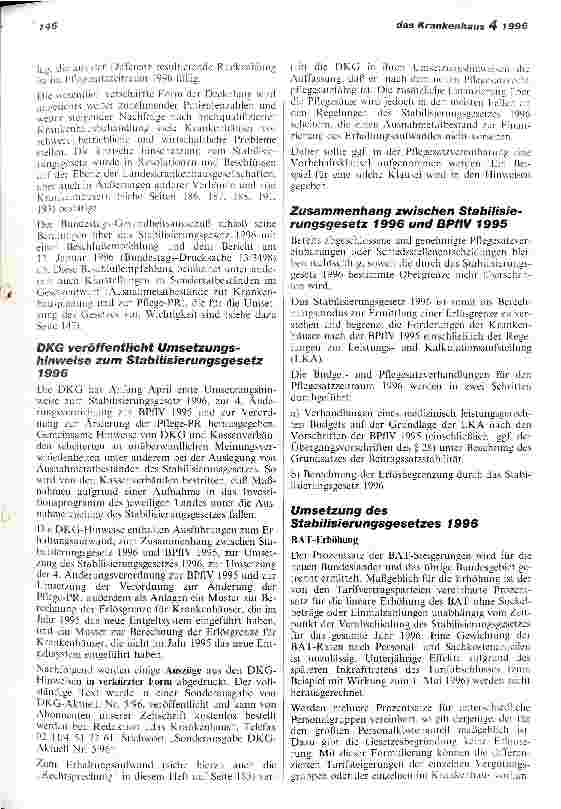 Vorschauseite 2: DKG veröffentlicht Umsetzungshinweise zum Stabilisierungsgesetz 1996 Bundesrat stimmt Kostendämpfungsplänen der Koalition zu
