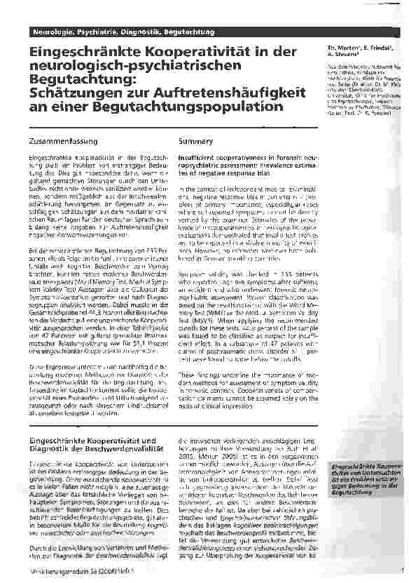 Vorschauseite 1: Eingeschränkte Kooperativität in derneurologisch-psychiatrischen Begutachtung:Schätzungen zur Auftretenshäufigkeitan einer Begutachtungspopulation
