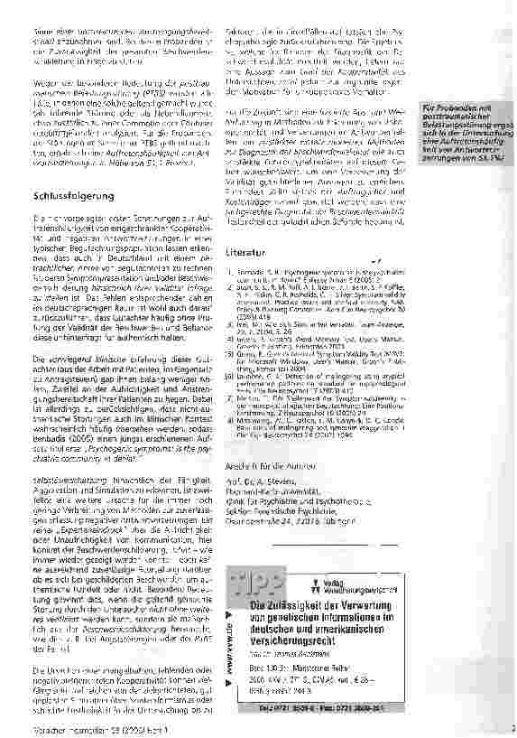 Vorschauseite 3: Eingeschränkte Kooperativität in derneurologisch-psychiatrischen Begutachtung:Schätzungen zur Auftretenshäufigkeitan einer Begutachtungspopulation