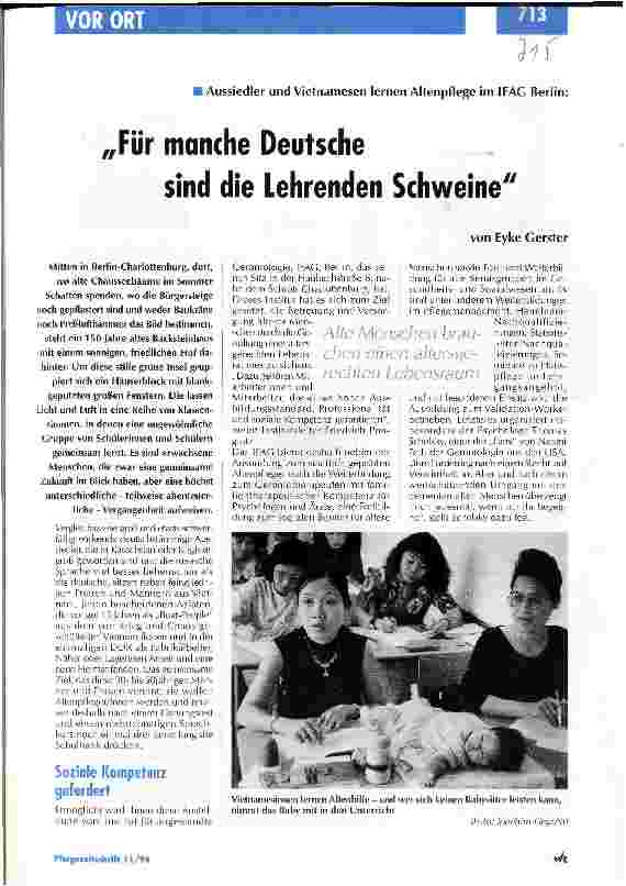 Vorschauseite 1: Aussiedler und Vietnamesen lernen Altenpflege im IFAG Berlin: Für manchen Deutsche sind die Lehrenden Schweine