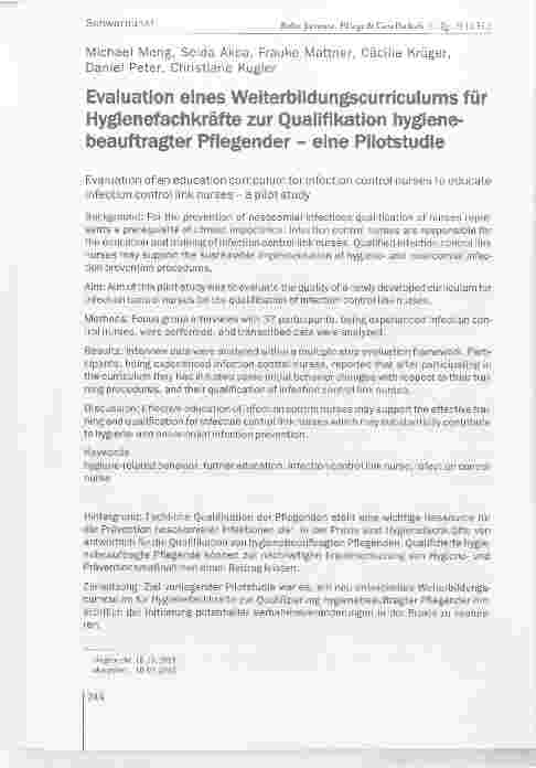 Vorschauseite 1: Evaluation elnes Welterblldungscurriculums fúr Hyglenefachkrafte zur Quallfikatlon hyglenebeauftragter Pfiegender - elne Pllotstudle