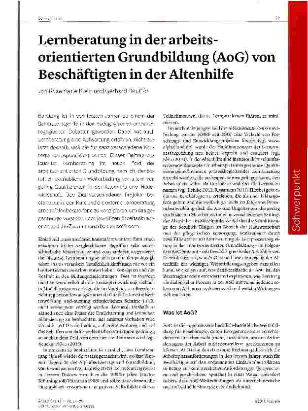 Vorschauseite 1: Lernberatung in der arbeitsorientierten Grundbildung (AoG) von Beschäftigten in der Altenhilfe