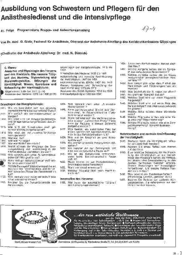 Vorschauseite 1: Ausbildung von Schwestern und Pflegern für den Anästhesiedienst und die Intensivpflege / 41. Folge: Programmierte Fragenu. Antwortsammlung