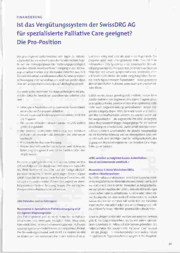 Vorschauseite 1: Ist das Vergütungssystem der SwissDRG AG für spezialisierte Palliative Care geeignet? Die Pro-Position