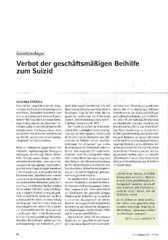 Vorschauseite 1: Gesetzeslage: Verbot der geschäftsmäßigen Beihilfe zum Suizid