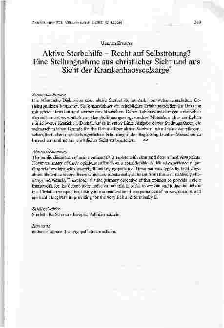 Vorschauseite 1: Aktive Sterbehilfe - Recht auf Selbsttötung?Eine Stellungnahme aus christlicher Sicht und ausSicht der Krankenhausseelsorge