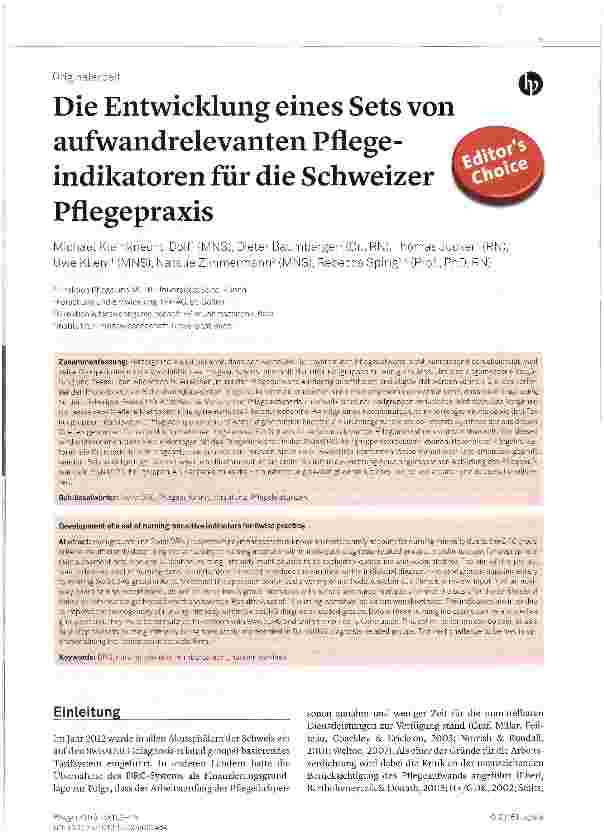 Vorschauseite 1: Die Entwicklung eines Sets von aufwandrelevanten Pflege indikatoren für die Schweizer Pflegepraxis