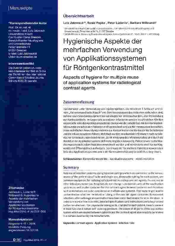 Vorschauseite 1: Hygienische Aspekte der mehrfachen Verwendung von Applikationssystemenfür Röntgenkontrastmittel