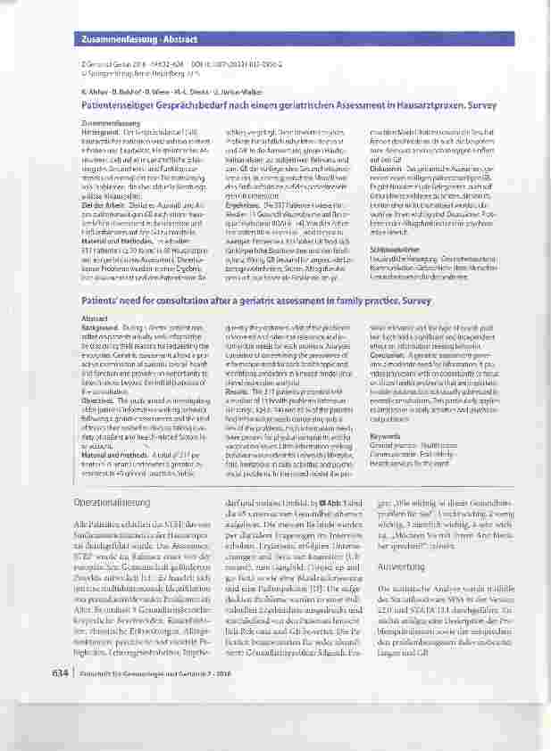 Vorschauseite 3: Patientenseitiger Gesprächsbedarf nach einem geriatrischen Assessment in Hausarztpraxen