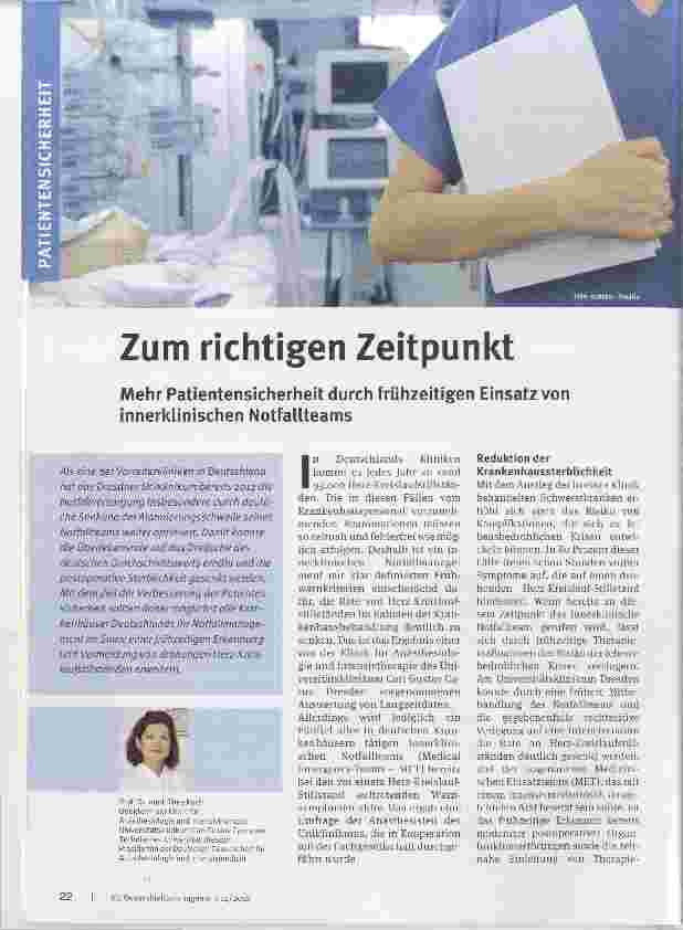 Vorschauseite 1: Zum richtigen Zeitpunkt Mehr Patientensicherheit durch frühzeitigen Einsatz von innerklinischen Notfallteams