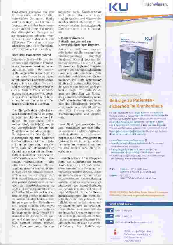 Vorschauseite 2: Zum richtigen Zeitpunkt Mehr Patientensicherheit durch frühzeitigen Einsatz von innerklinischen Notfallteams