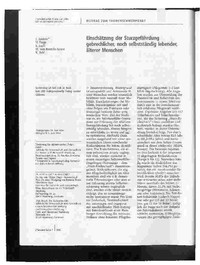 Vorschauseite 1: Einschätzung der Sturzgefährdung gebrechlicher, noch selbstständig lebender, älterer Menschen