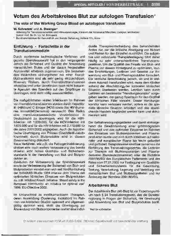 Vorschauseite 1: Votum des Arbeitskreises Blut zur autologen Transfusion