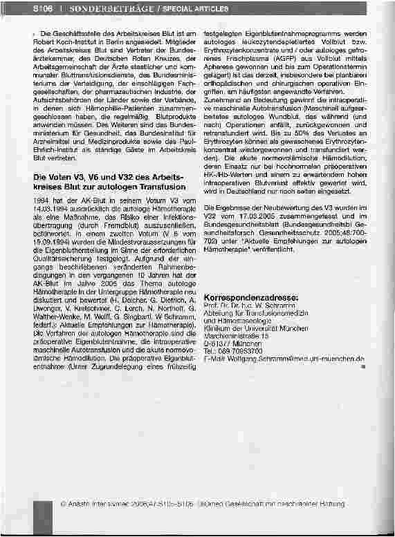 Vorschauseite 2: Votum des Arbeitskreises Blut zur autologen Transfusion