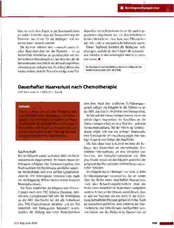 Vorschauseite 1: Dauerhafter Haarverlust nach Chemotherapie OLG Köln vom 21.3.2016 (5 U 76/14)