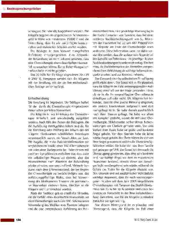 Vorschauseite 2: Dauerhafter Haarverlust nach Chemotherapie OLG Köln vom 21.3.2016 (5 U 76/14)