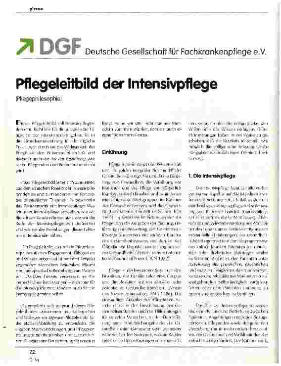 Vorschauseite 1: Pflegeleitbild der Intensivpflege (Pflegephilosophie)