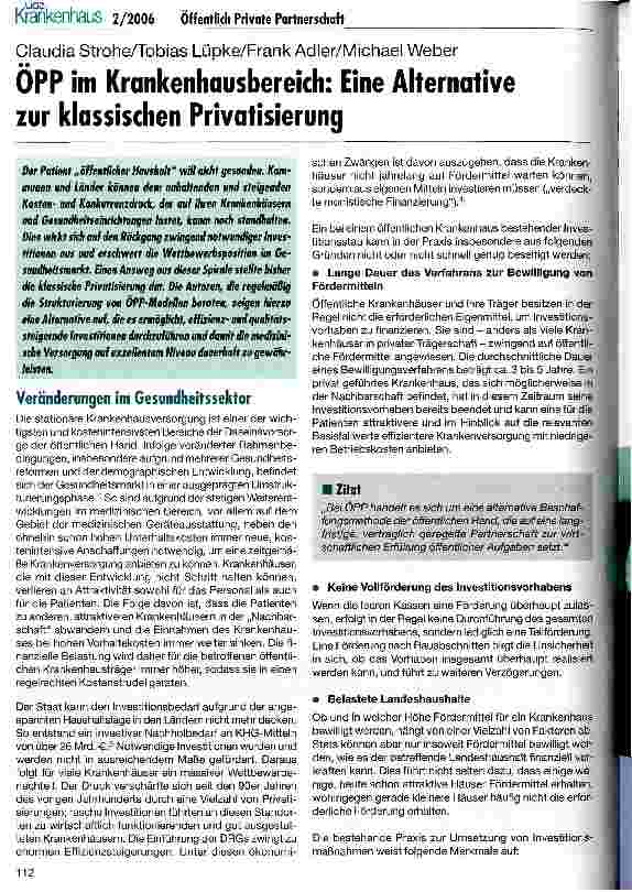 Vorschauseite 1: OPP im Krankenhausbereich: Eine Alternative zur klassischen Privatisierung