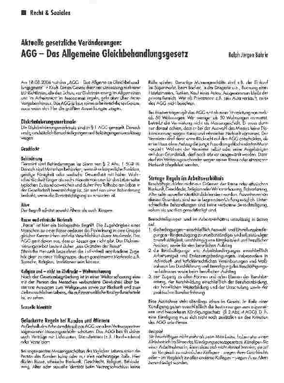 Vorschauseite 1: Aktuelle gesetzliche Veränderungen:AGG - Das Allgemeine Gleichbehandlungsgesetz
