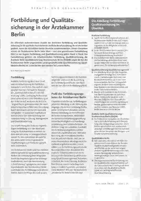 Vorschauseite 1: Fortbildung und Qualitätssicherung in der Ärztekammer Berlin