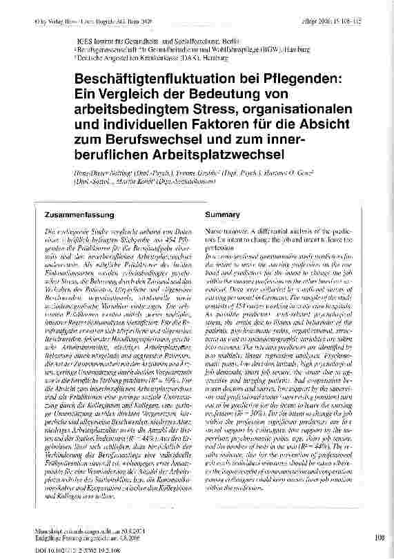 Vorschauseite 1: Beschäftigtenfluktuation bei Pflegenden: Ein Vergleich der Bedeutung von arbeitsbedingtem Stress, organisationalen und individuellen Faktoren für die Absicht zum Berufswechsel und…