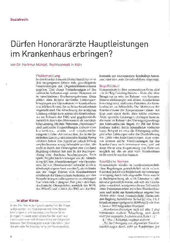 Vorschauseite 1: Dürfen Honorarärzte Hauptleistungen im Krankenhaus erbringen?