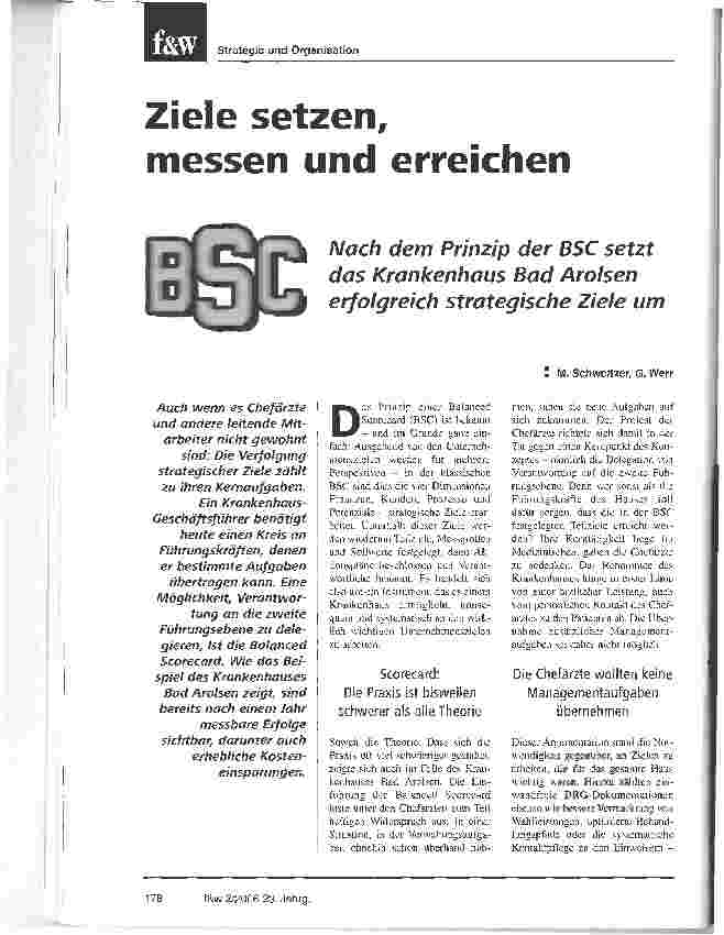 Vorschauseite 1: Ziele setzen, messen und erreichenNach dem Prinzip der BSC setzt das Krankenhaus Bad Arolsen erfolgreich strategische Ziele um