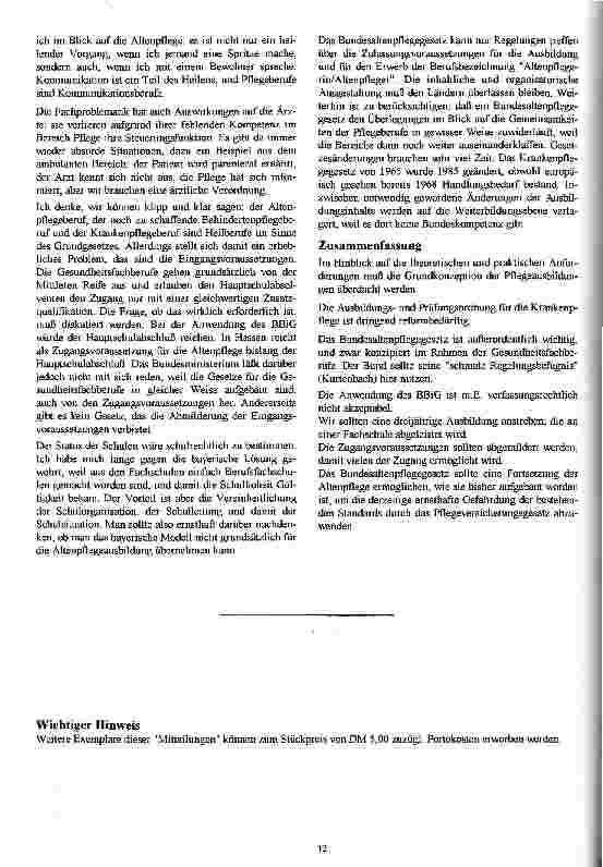 Vorschauseite 3: Künftige Einbindung der Pflegeausbildung in Bildungssysteme aus juristischer Sicht Gekürzte Wiedergabe des Referats vom 1.11.1995