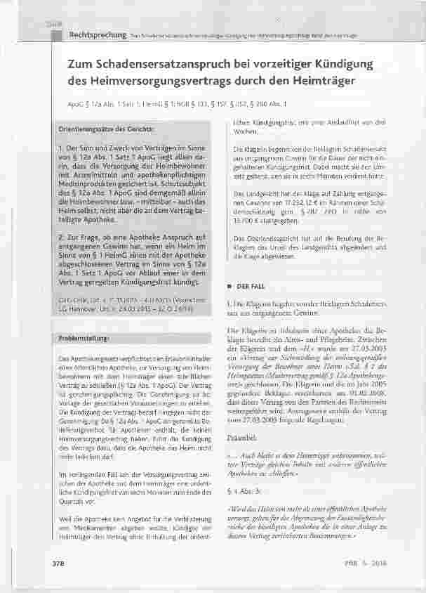 Vorschauseite 1: Zum Schadensersatzanspruch bei vorzeitiger Kündigung des Heimversorgungsvertrags durch den Heimträger