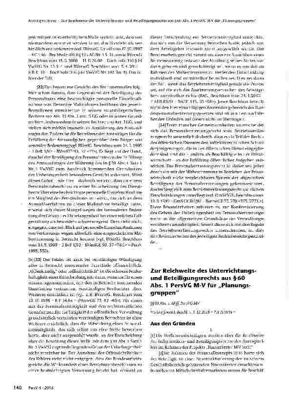 Vorschauseite 1: Zur Reichweite des Unterrichtungsund Beteiligungsrechts aus §60 Abs. 1 PersVC M-V für „Planungsgruppen