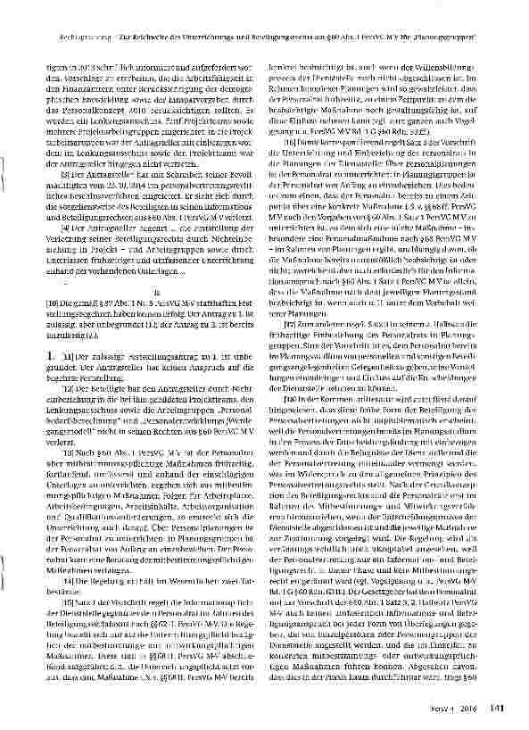 Vorschauseite 2: Zur Reichweite des Unterrichtungsund Beteiligungsrechts aus §60 Abs. 1 PersVC M-V für „Planungsgruppen
