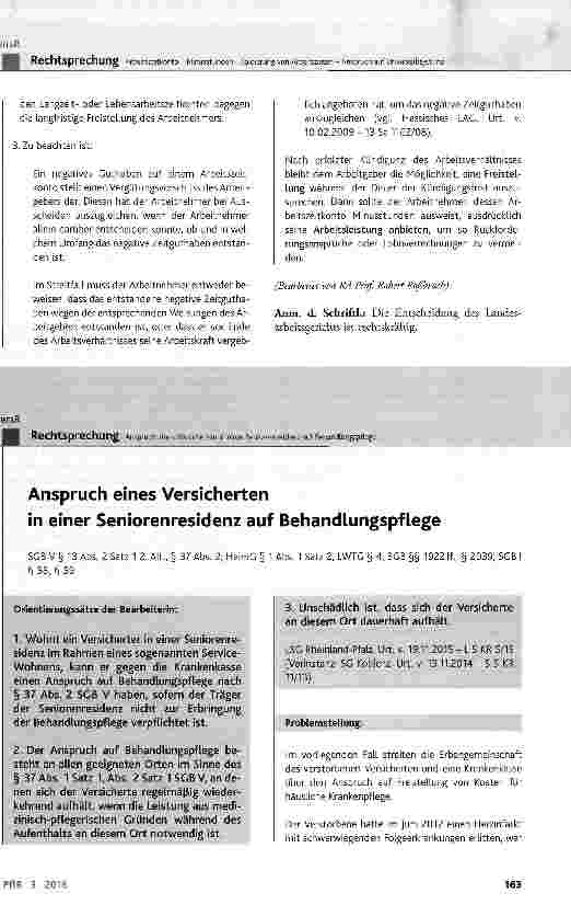 Vorschauseite 1: Anspruch eines Versicherten in einer Seniorenresidenz auf Behandlungspflege